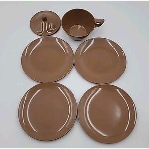 6pc VTG 6"‎ Melamine Plates G7  Plates Brown Cup And Sugar Bowl Lid Melmac